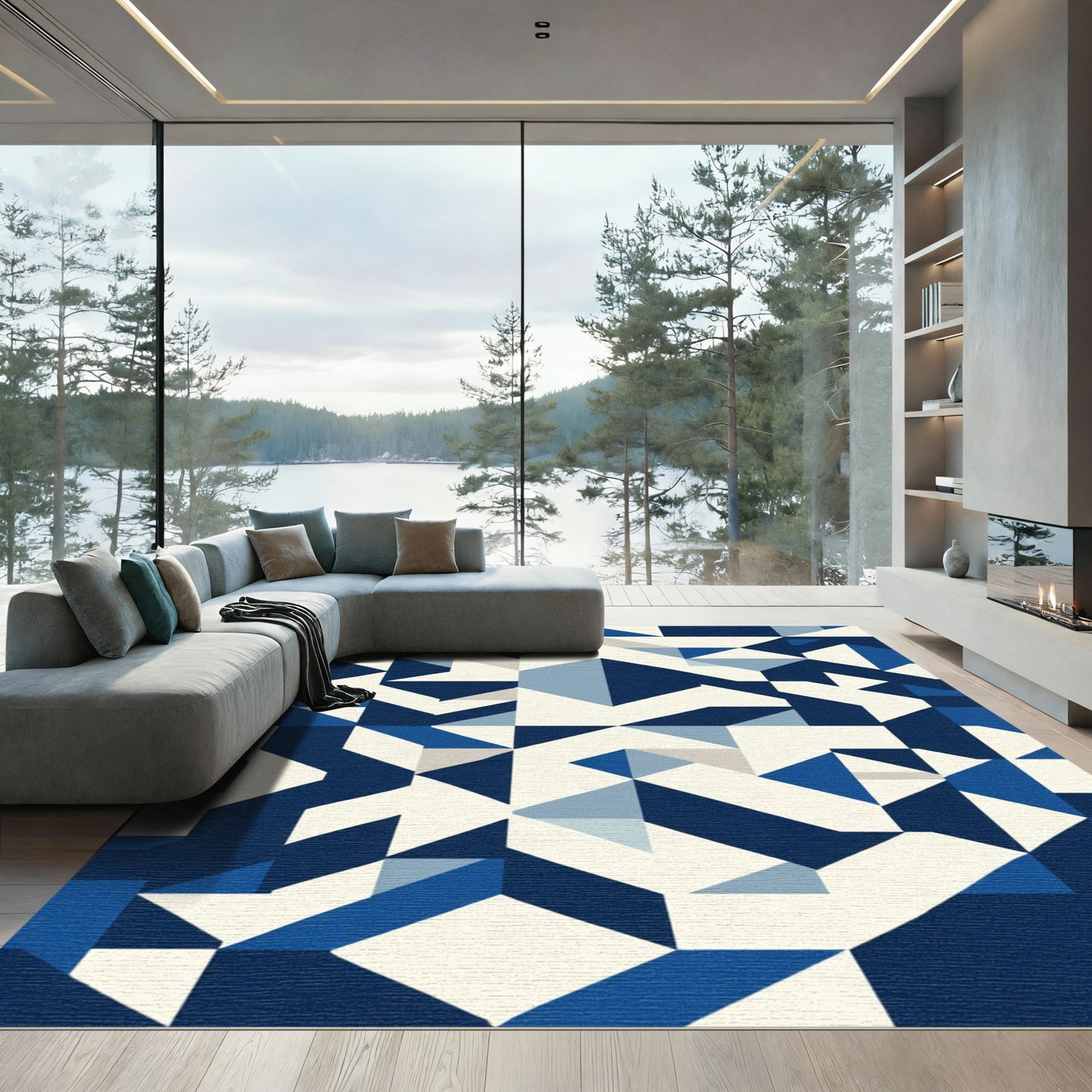 Abstract Blue Geometric Shapes Rug