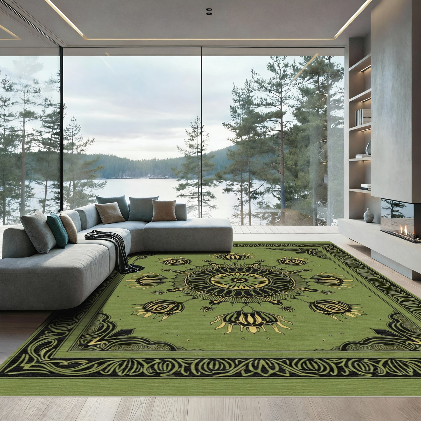 Olive Green Floral Medallion Border Rug