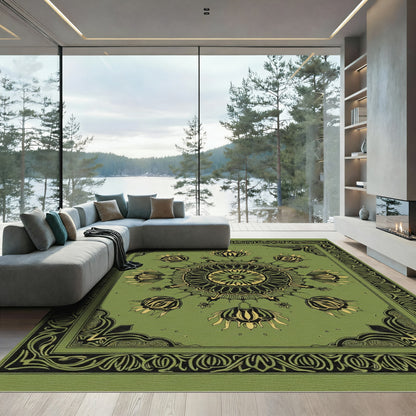 Olive Green Floral Medallion Border Rug