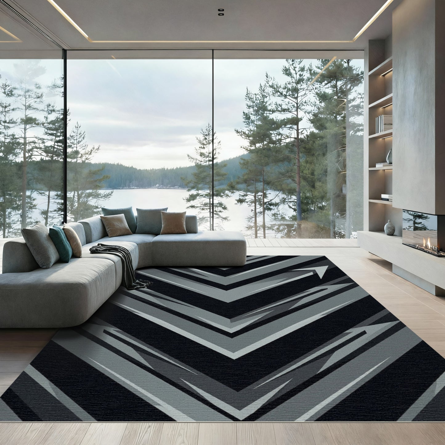 Monochromatic Grey Geometric Arrow Composition Rug