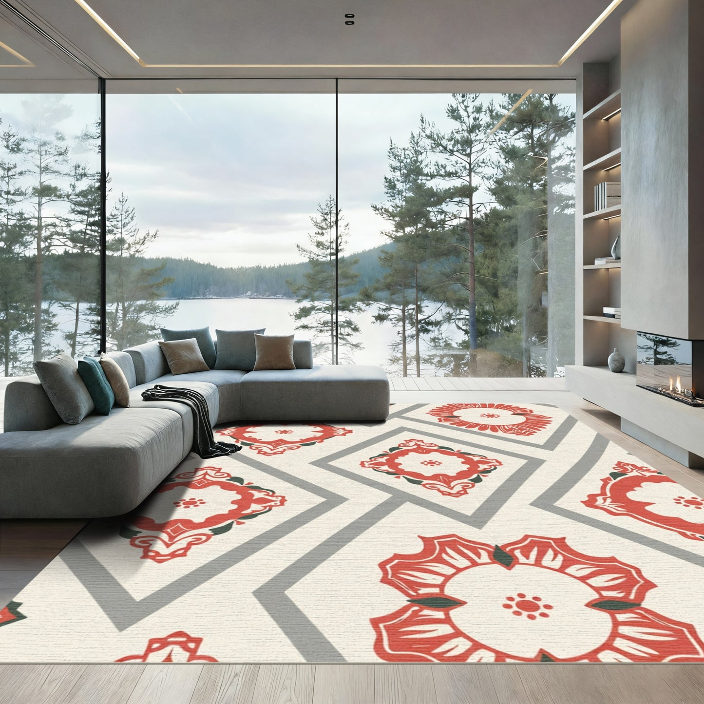 Red Scrollwork Diamond Geometric Rug