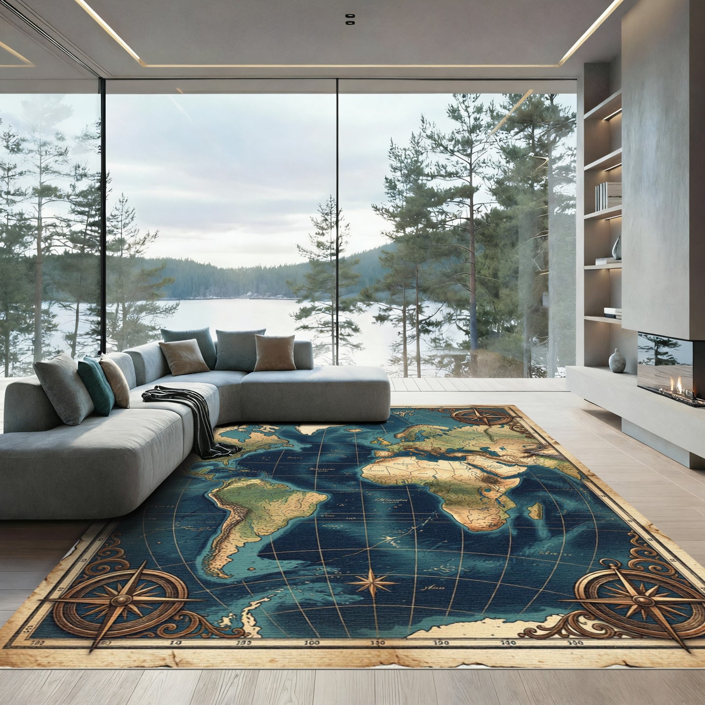 Antique Cartographic World Map Nautical Chart Rug