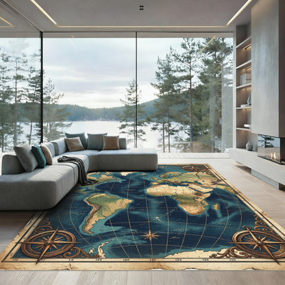 Antique Cartographic World Map Nautical Chart Rug