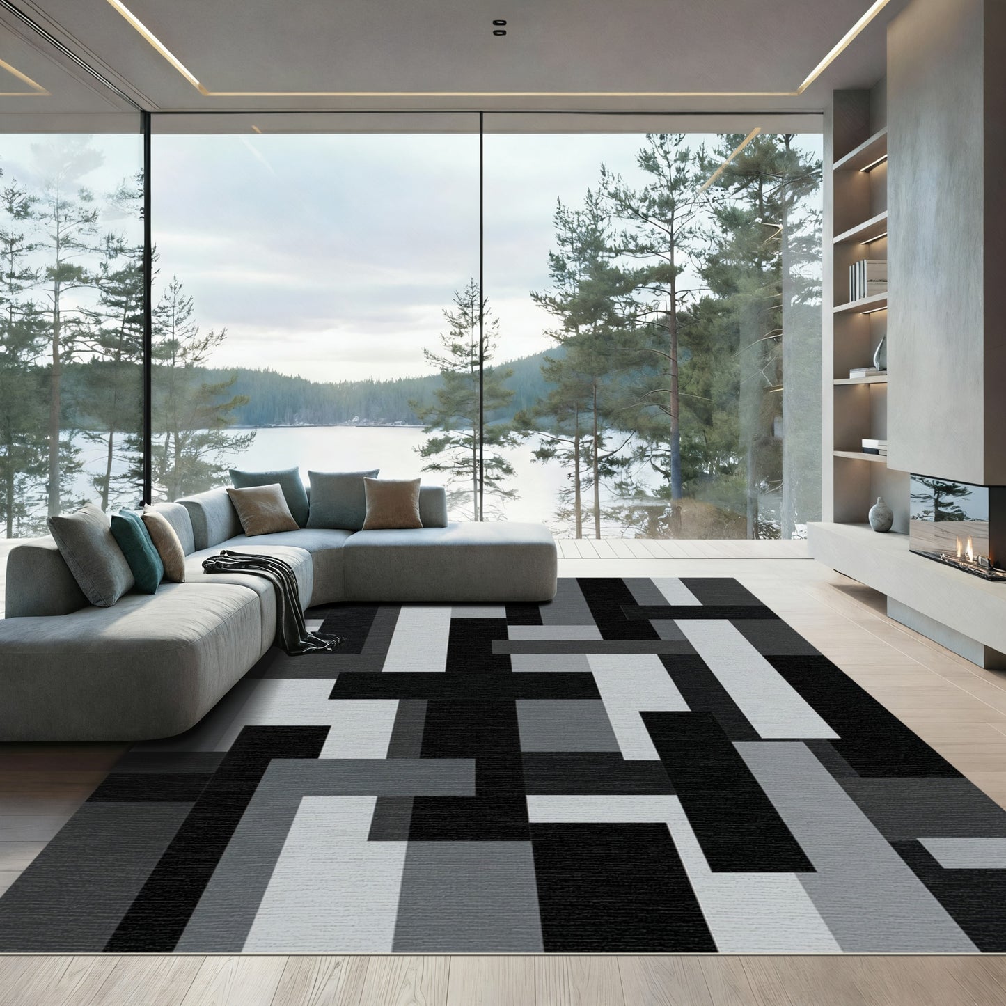 Monochrome Abstract Geometric Blocks Rug