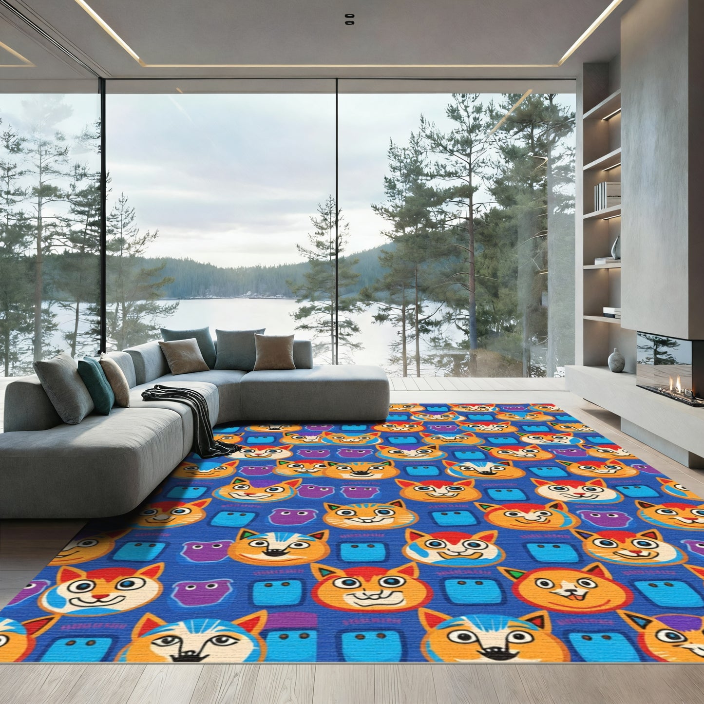 Playful Feline Faces Blue Background Rug
