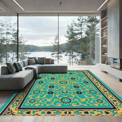 Turquoise Yellow Floral Medallion Rug