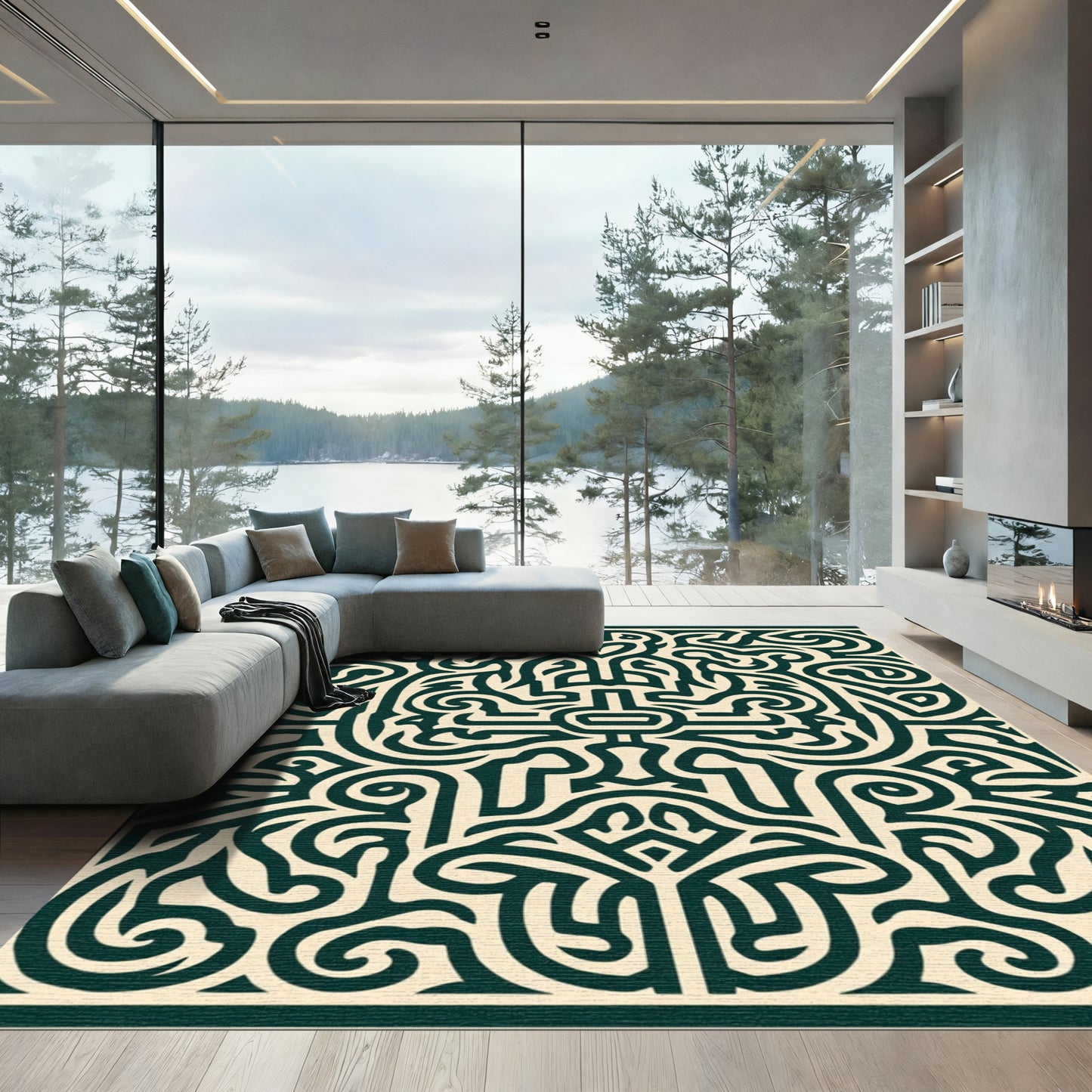 Dark Teal Abstract Organic Maze Rug