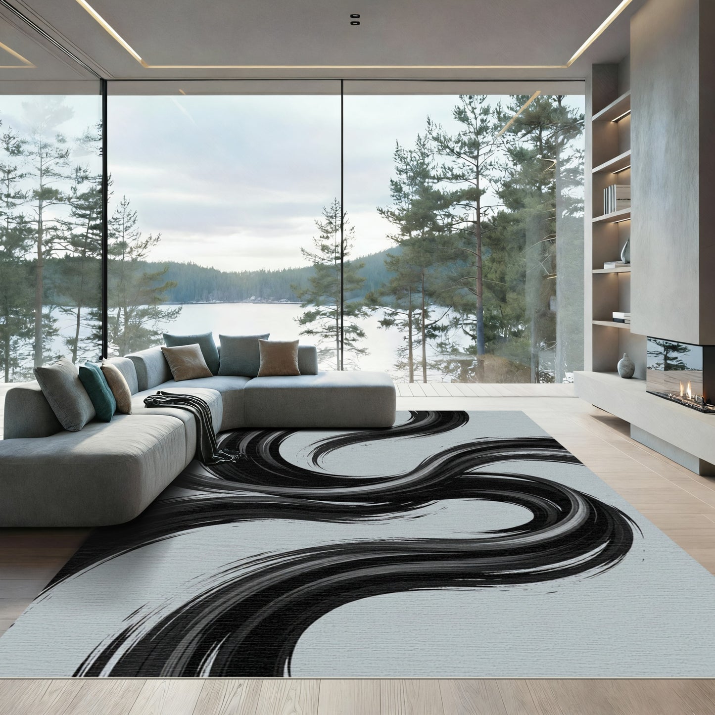 Minimalist Black Abstract Swirl Flow Rug