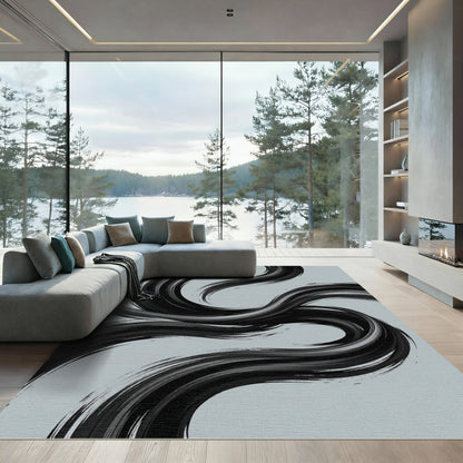 Minimalist Black Abstract Swirl Flow Rug