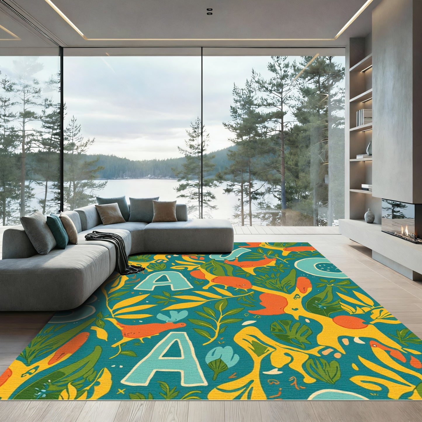 Teal Orange Abstract Alphabet Garden Rug