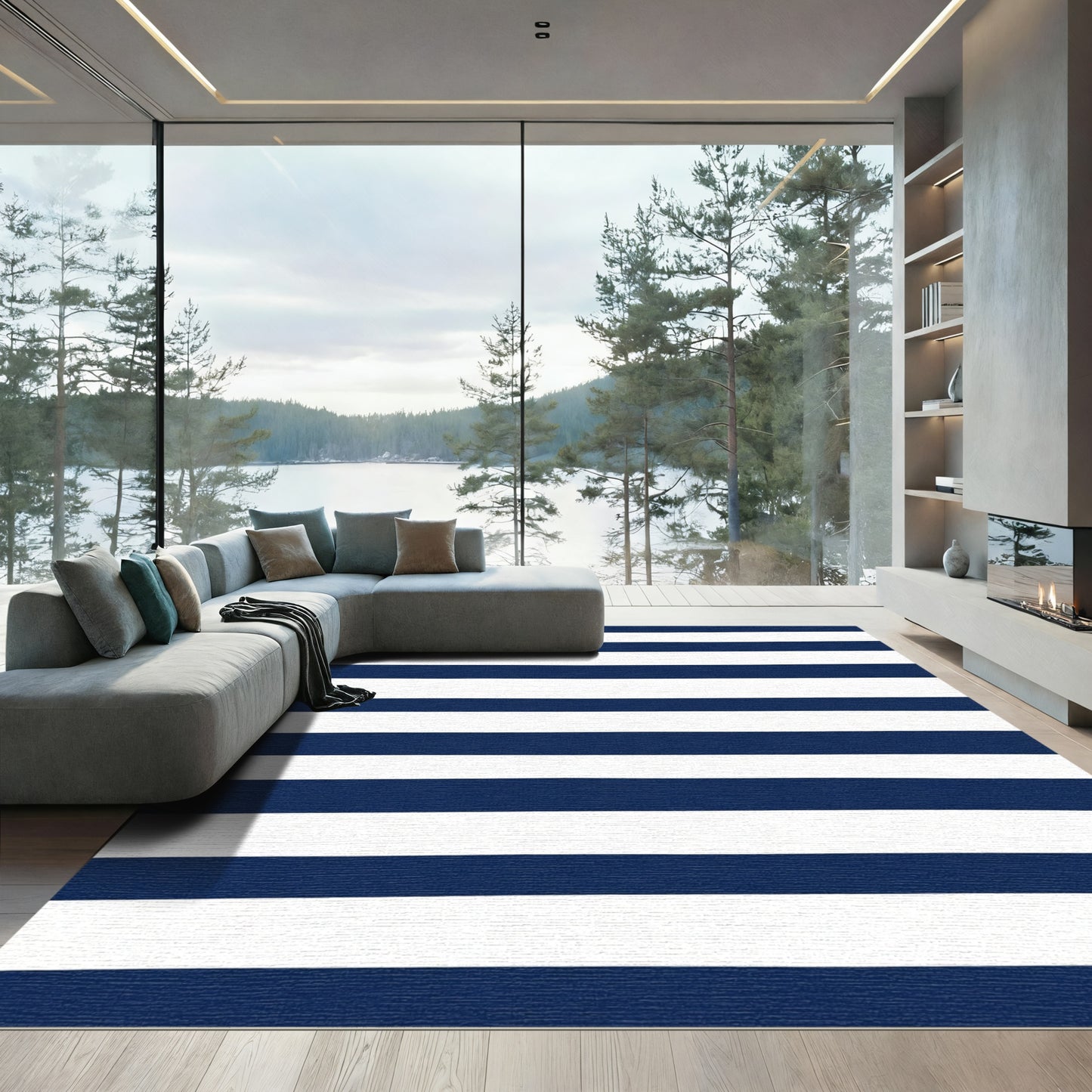 Navy White Horizontal Bar Rug