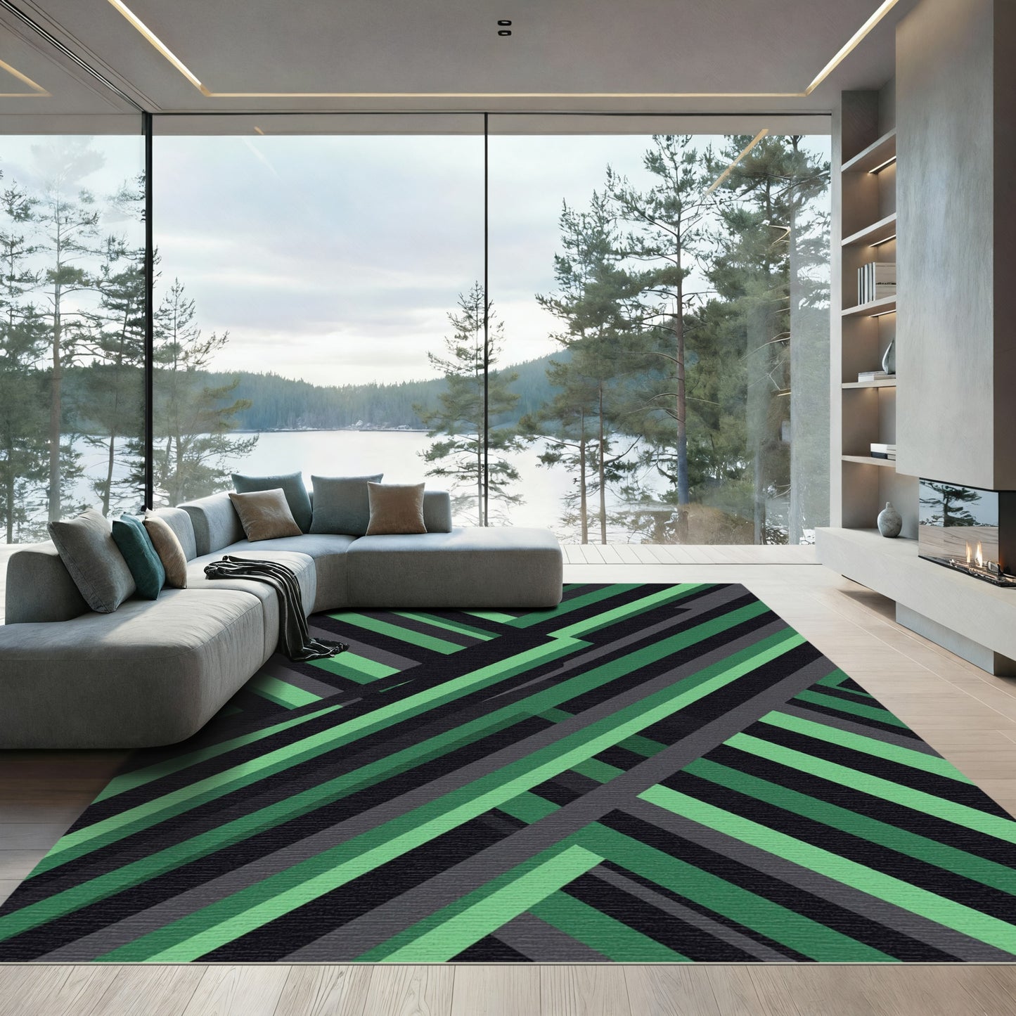 Modern Emerald Slate Diagonal Stripe Rug