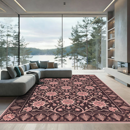 Rose Floral Lattice Dark Background Rug