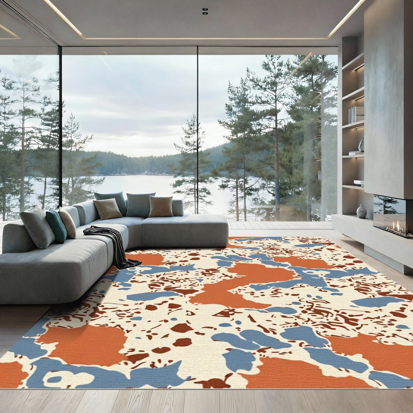 Terracotta Blue Abstract Organic Shapes Rug