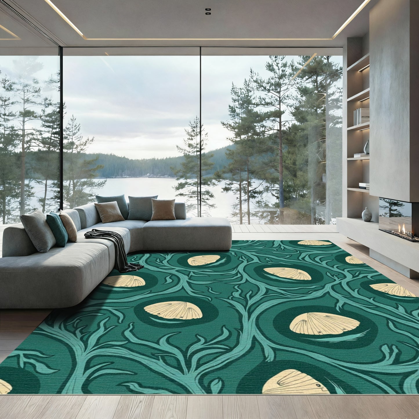 Emerald Green Scallop Vine Art Nouveau Rug