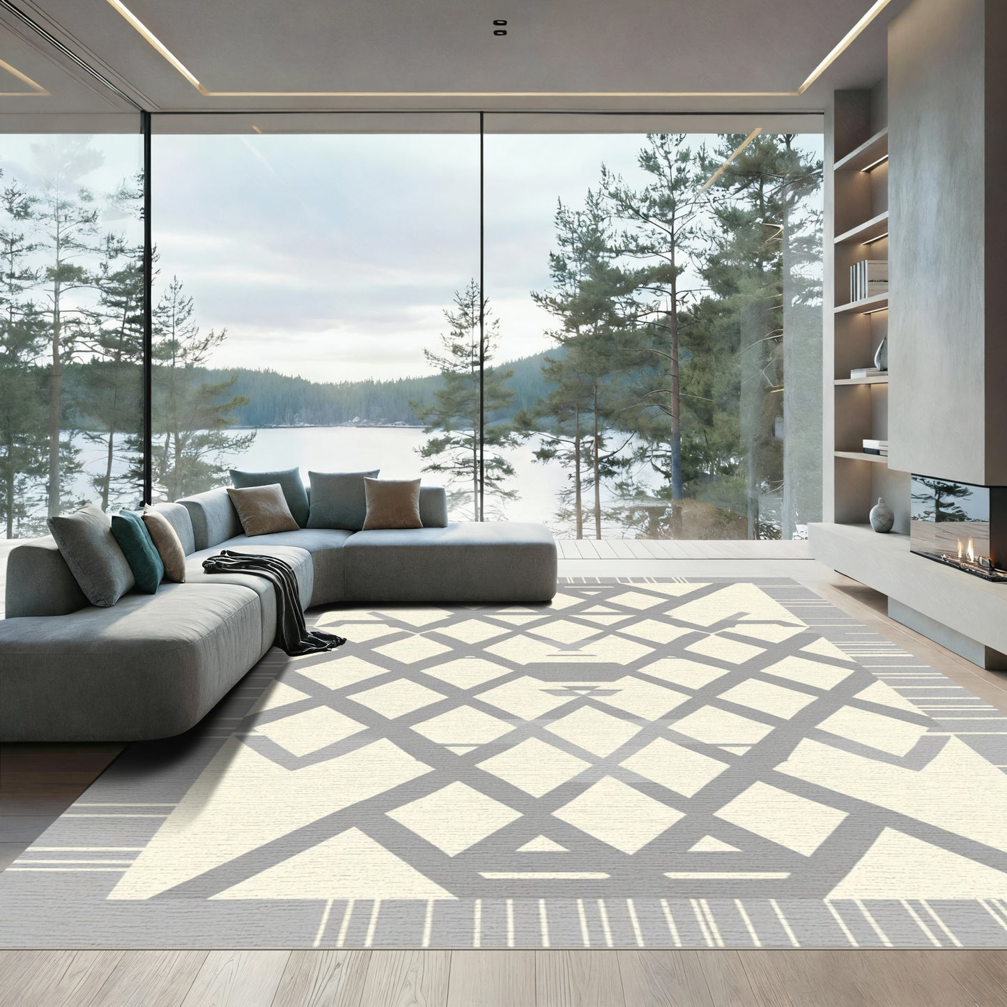 Cream Gray Diamond Lattice Geometric Rug