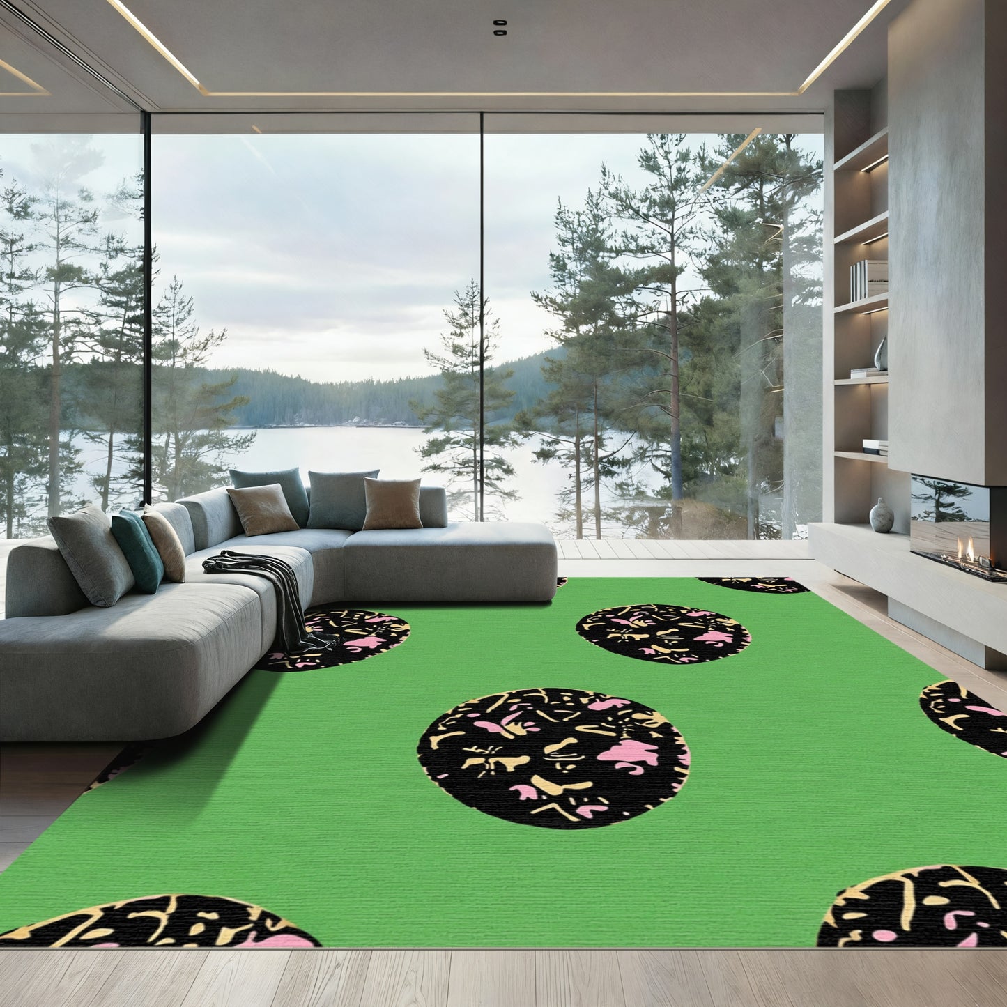 Black Pink Gold Polka Dot Abstract Rug