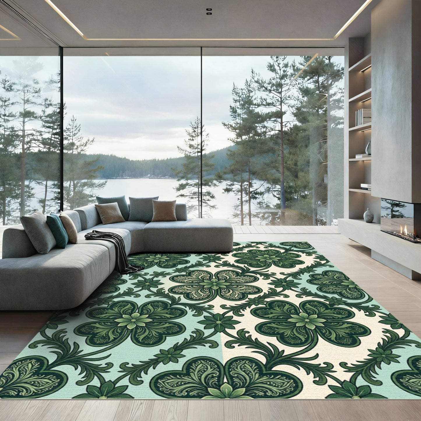Emerald Green Clover Foliage Arrangement Rug