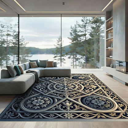Ornate Gray Floral Square Geometric Rug