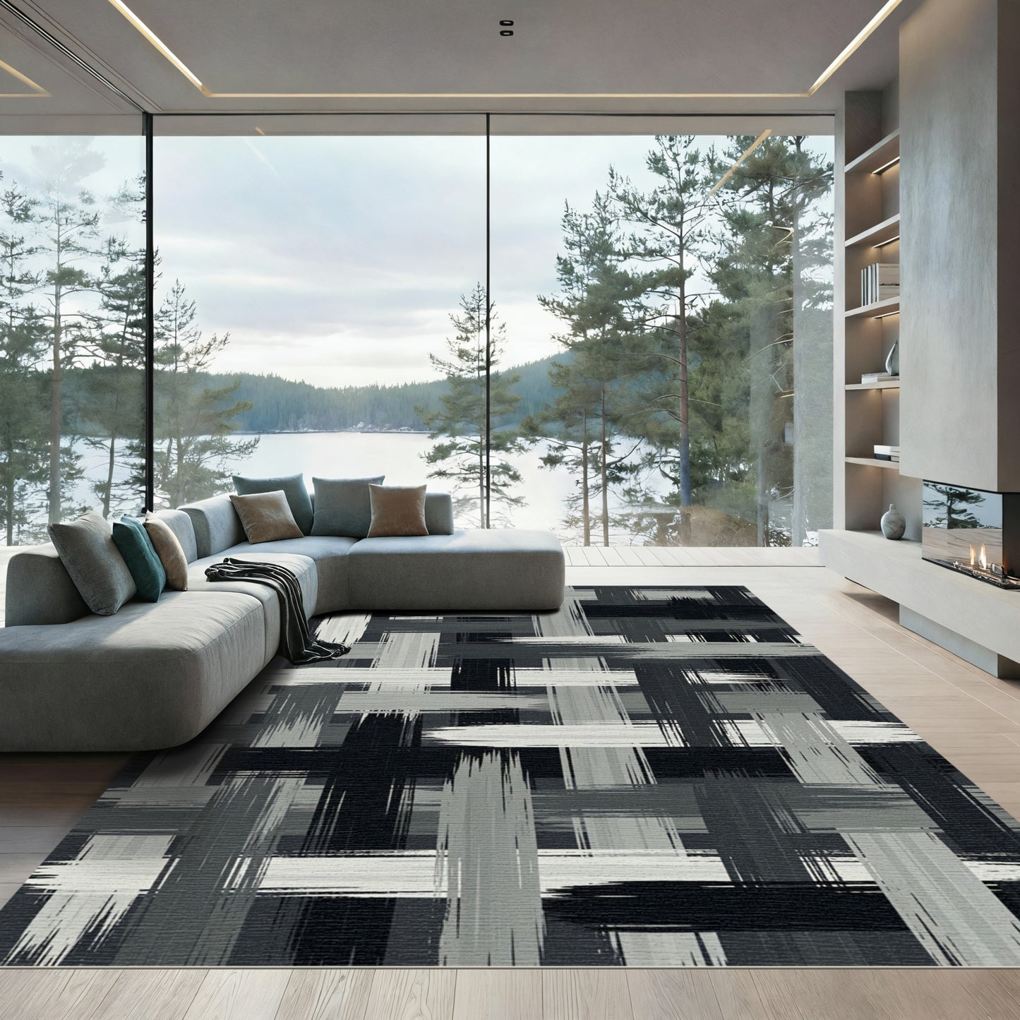Textured Gray and Black Crosshatch Rug
