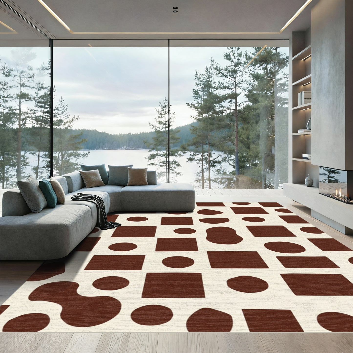 Brown Cream Abstract Organic Shapes Rug