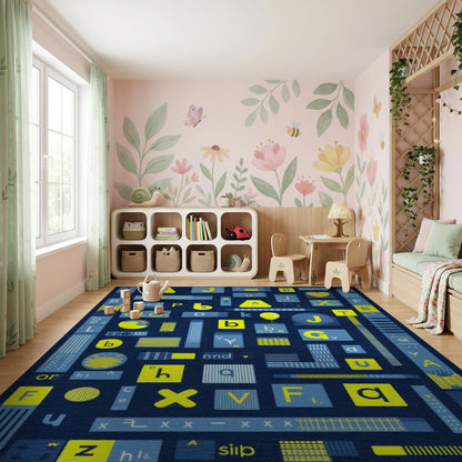 Playful Yellow Blue Alphabet Collage Rug
