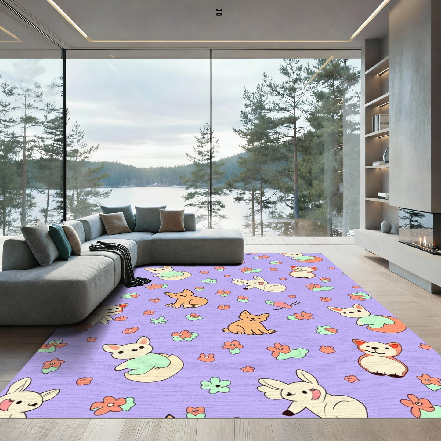 Cute Puppy Lavender Floral Scatter Rug