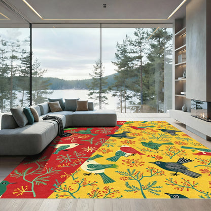 Red Yellow Birds Foliage Blooms Rug