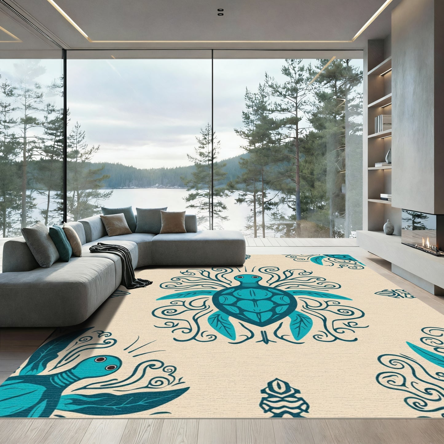 Turquoise Turtle Blossom Swirl Rug