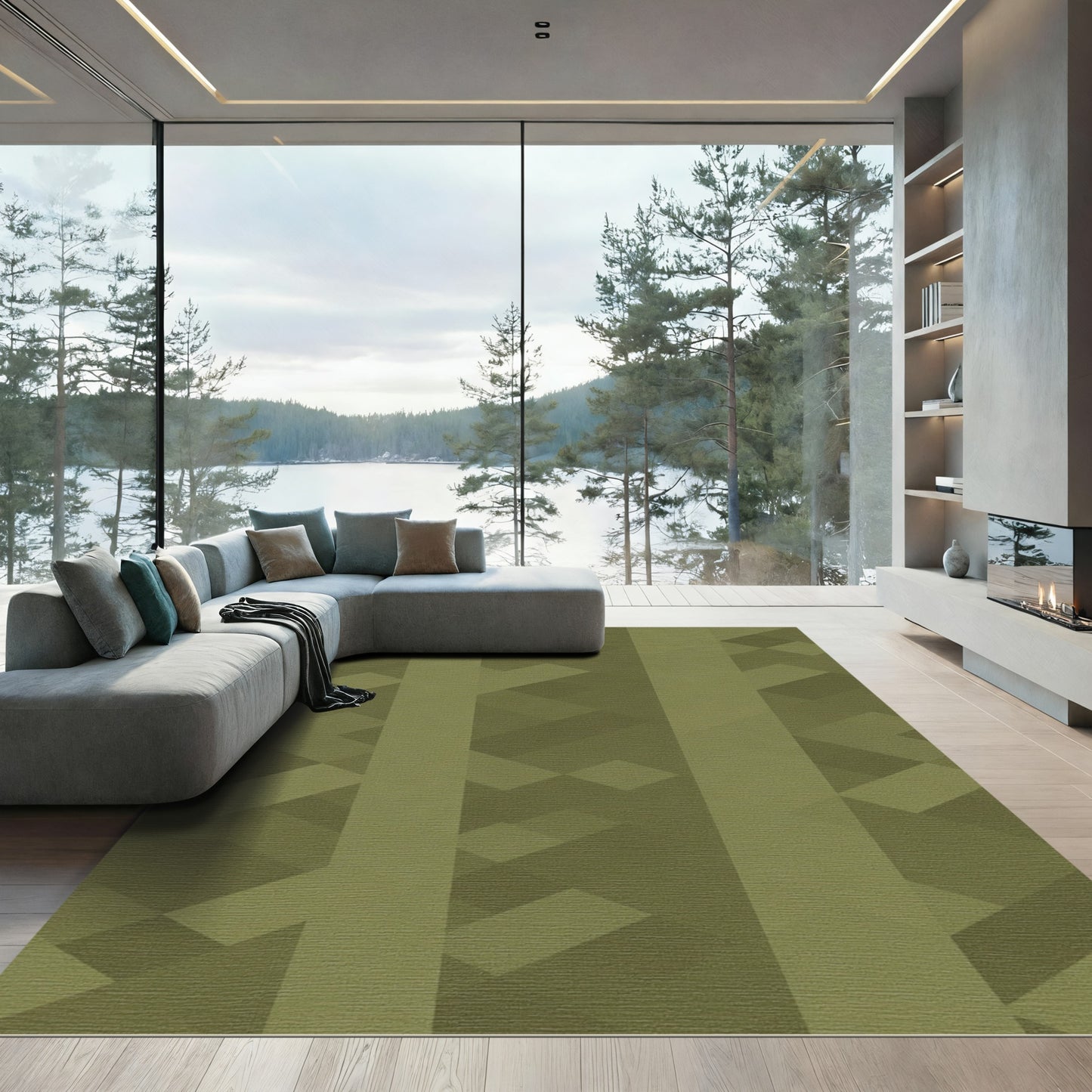 Olive Geometric Abstraction Rug