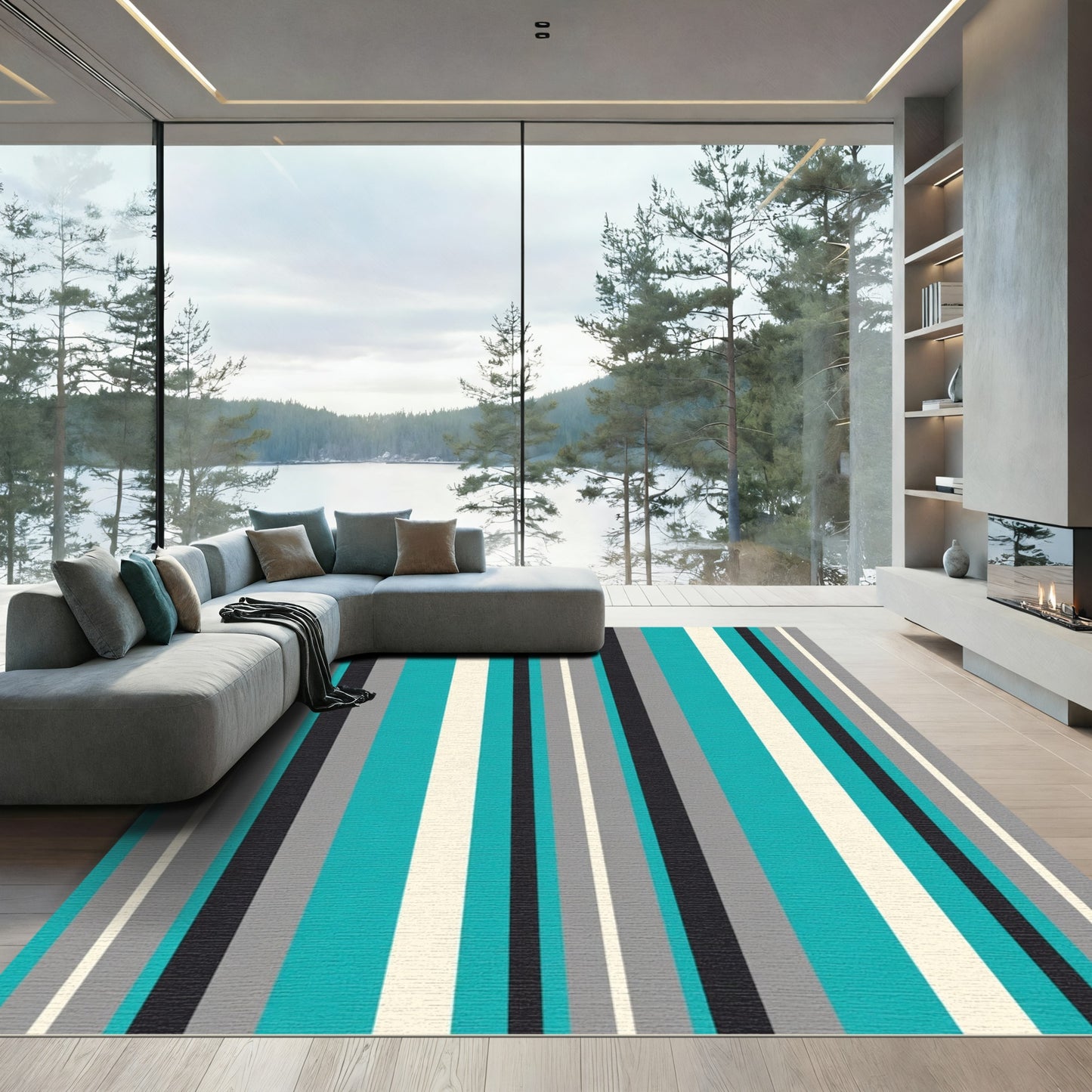 Modern Teal Gray Striped Composition Rug