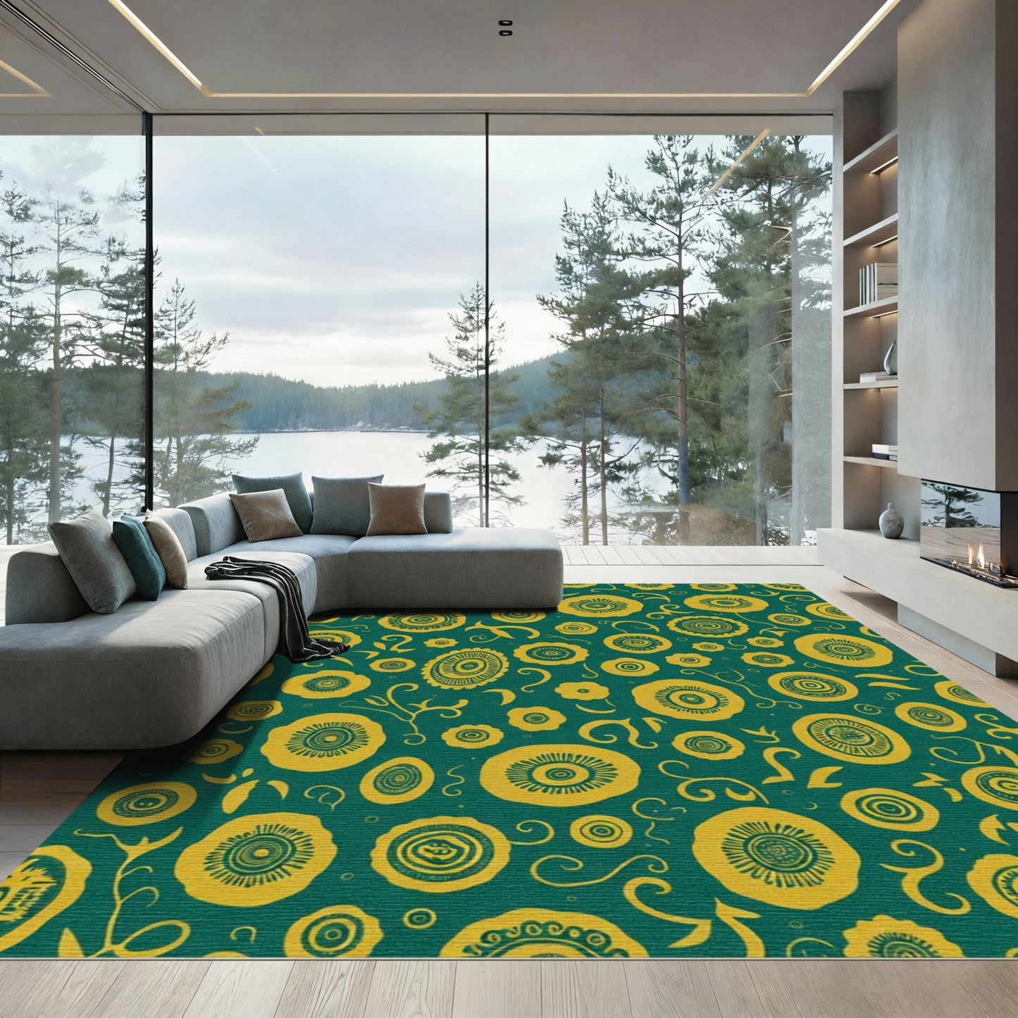 Golden Floral Medallion Emerald Rug