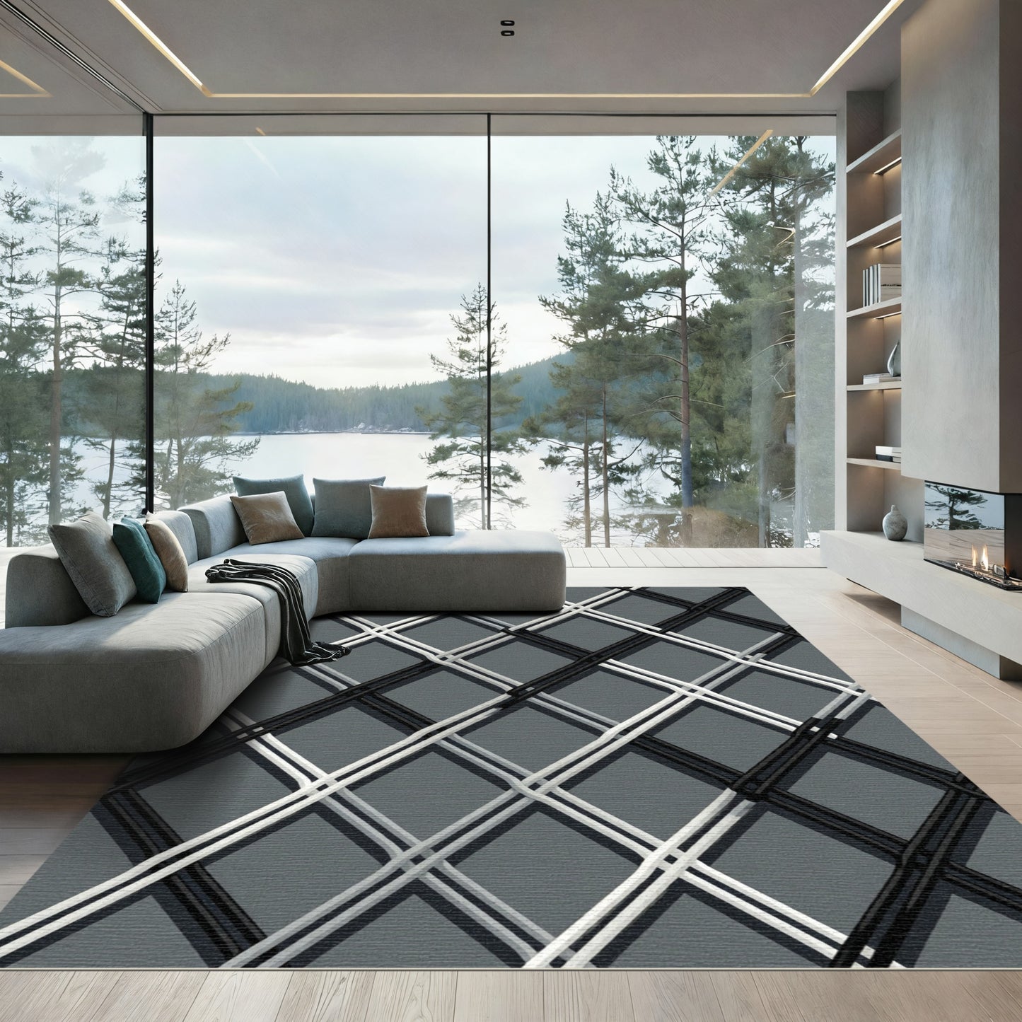Monochrome Intersecting Geometric Diamond Grid Rug