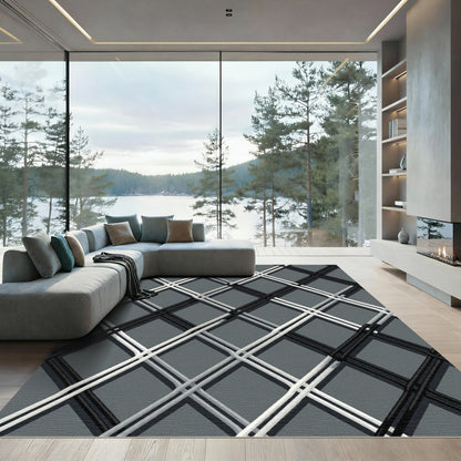 Monochrome Intersecting Geometric Diamond Grid Rug