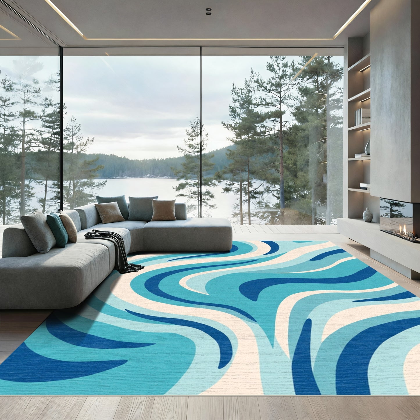 Cool Blue Abstract Swirl Rug