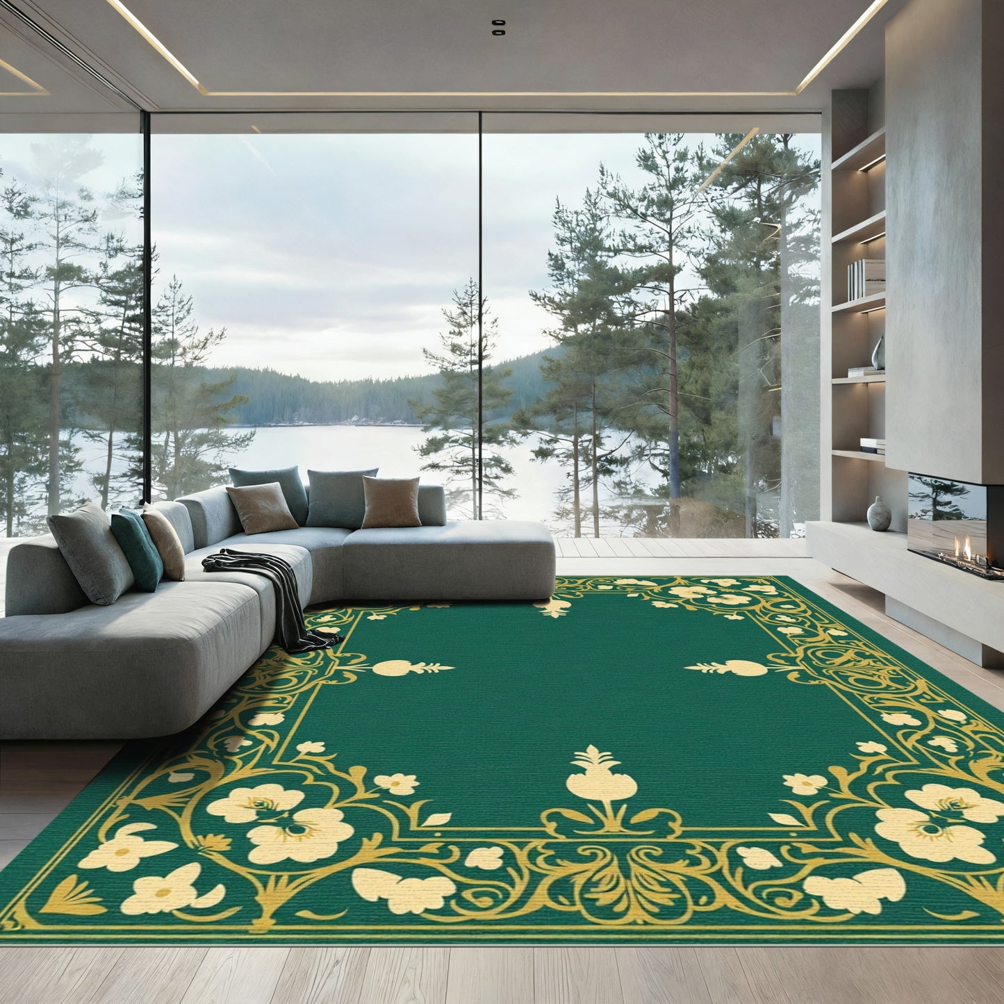 Emerald Green Floral Golden Border Rug