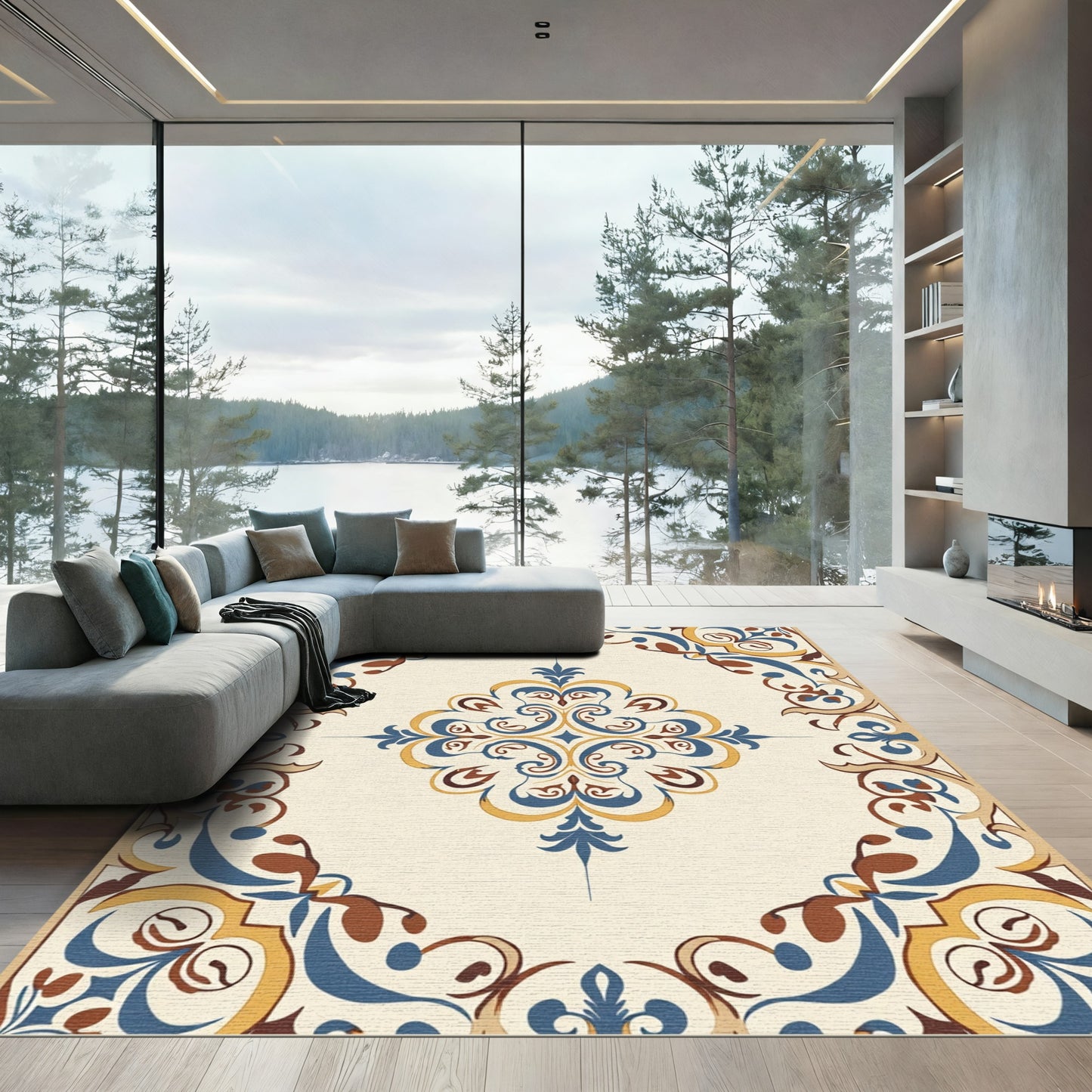 Cream Blue Gold Scroll Medallion Rug