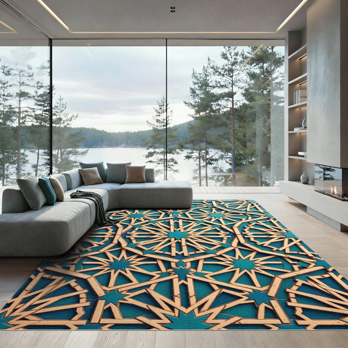 Golden Geometric Teal Labyrinth Rug