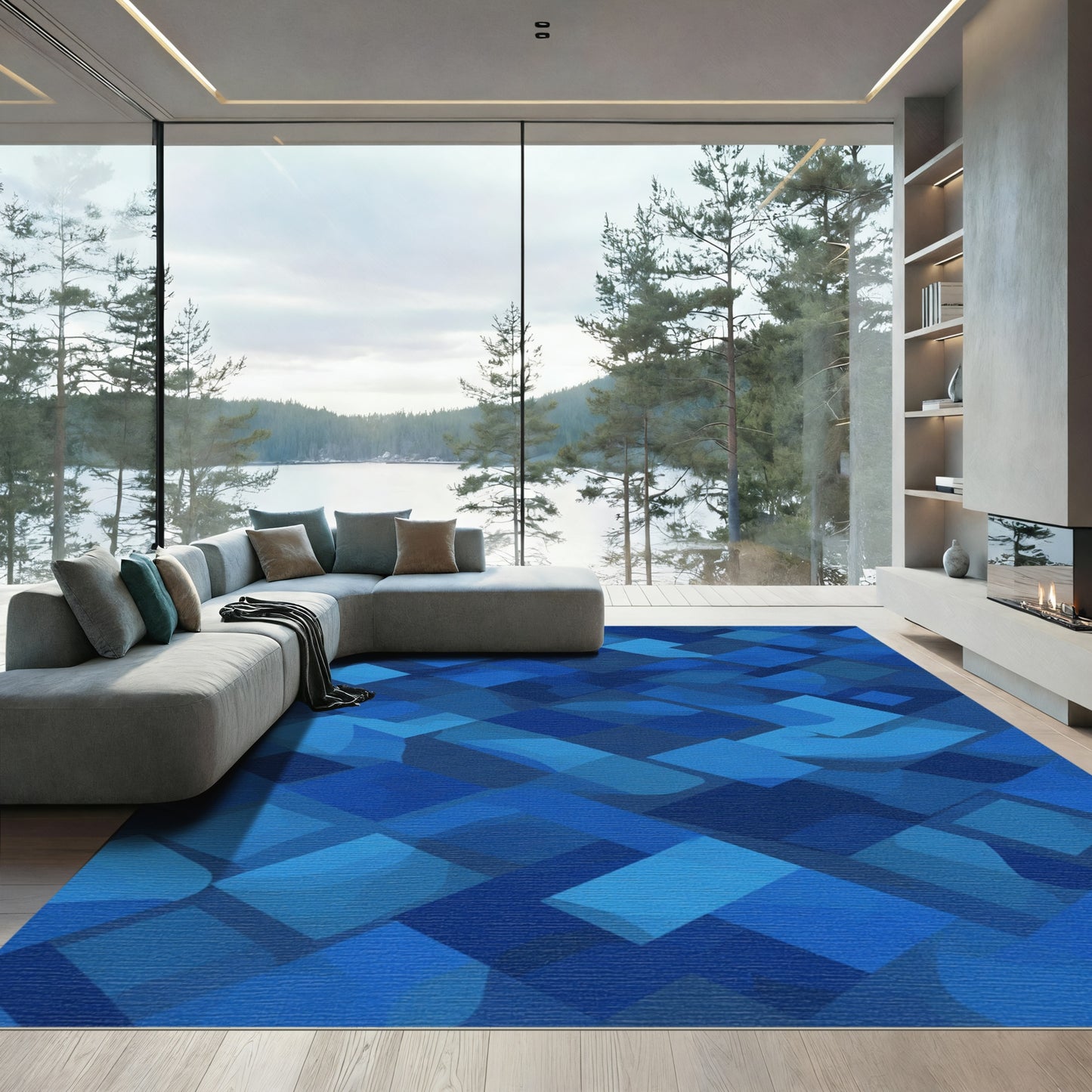 Deep Blue Geometric Tessellation Rug