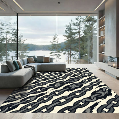 Monochrome Industrial Chain Link Artwork Rug
