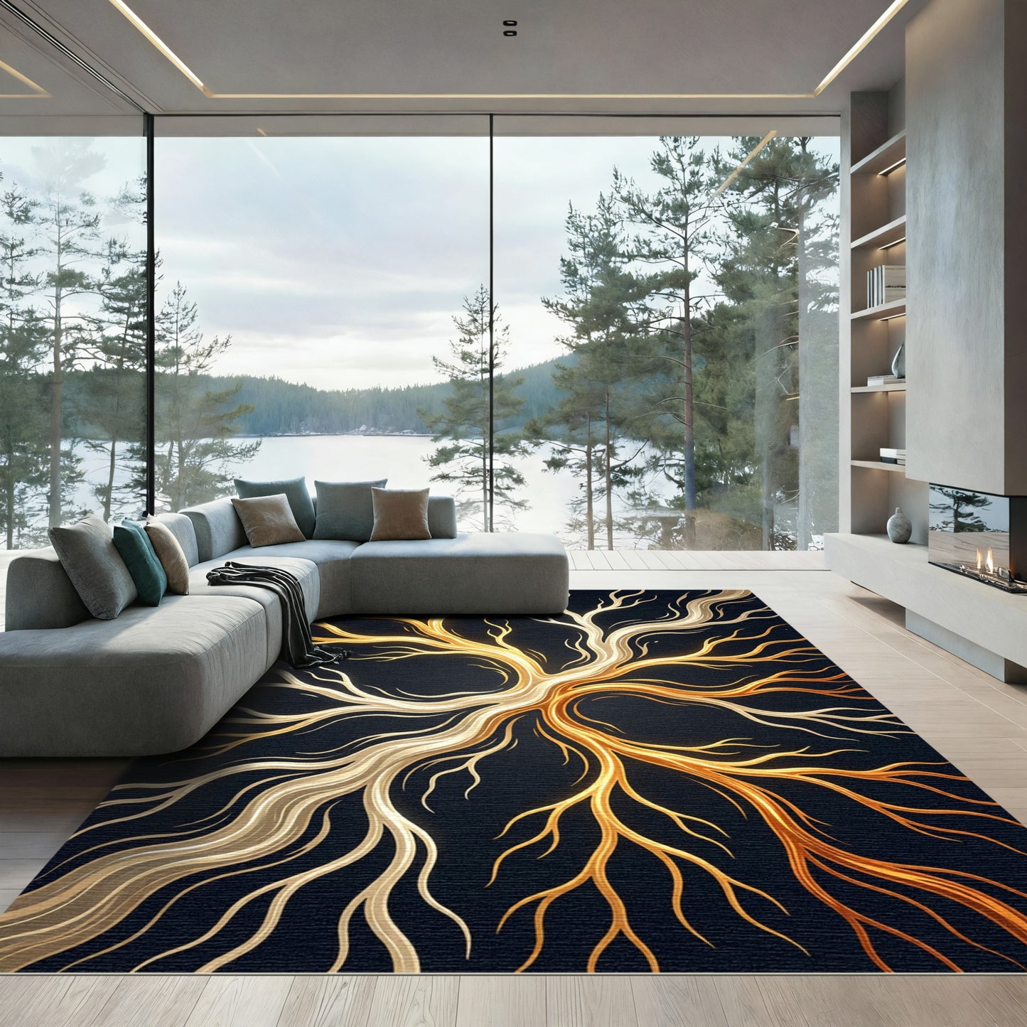 Radiant Golden Tree Branch Abstract Art Rug