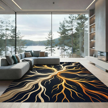 Radiant Golden Tree Branch Abstract Art Rug