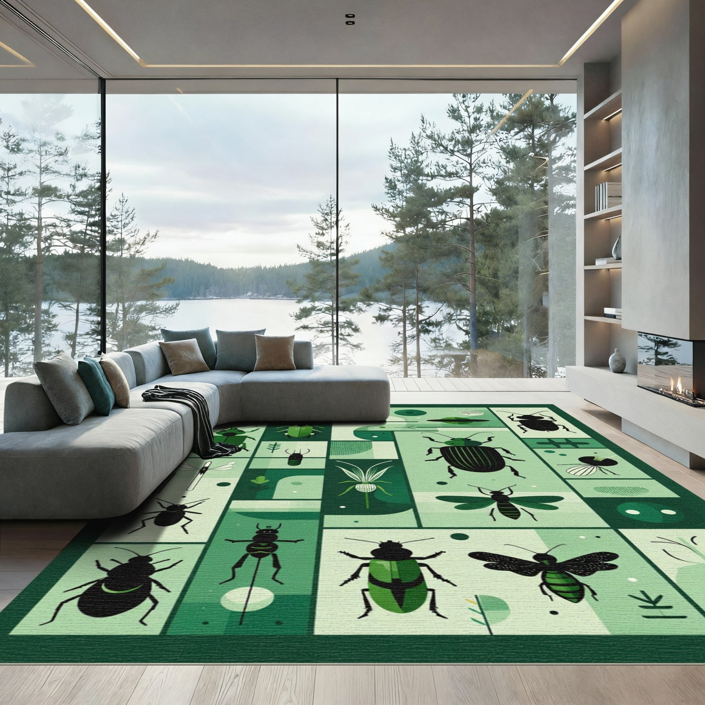 Emerald Green Insect Collage Art Rug