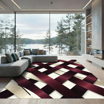 Crimson and Cream Interwoven Abstract Ribbon Rug