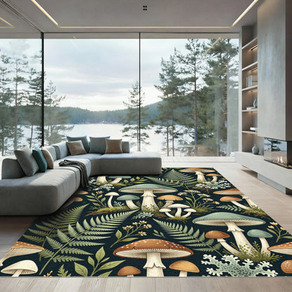Earthy Forest Mushroom and Fern Botanical Rug