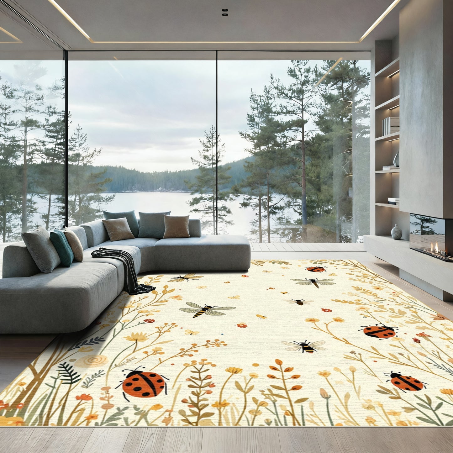 Whimsical Garden Insects Ladybugs Bees Dragonflies Rug