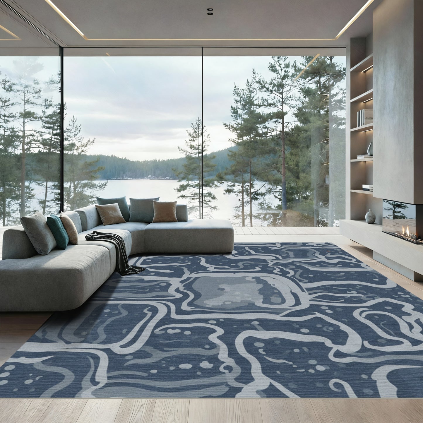 Abstract Blue Organic Swirl Rug