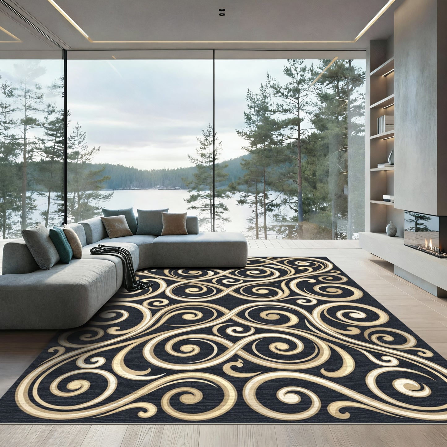 Elegant Gold Baroque Scroll Swirls Rug