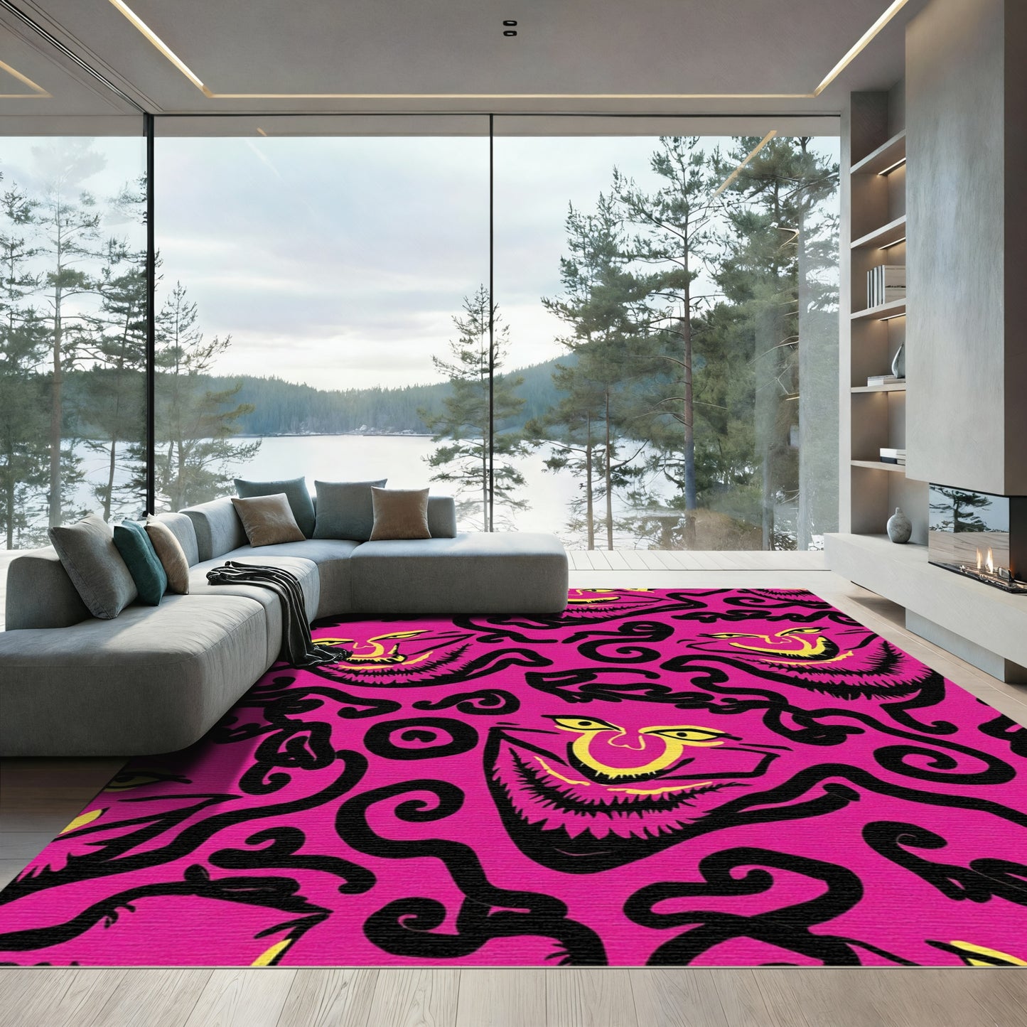 Bold Pink Grotesque Face Swirls Rug