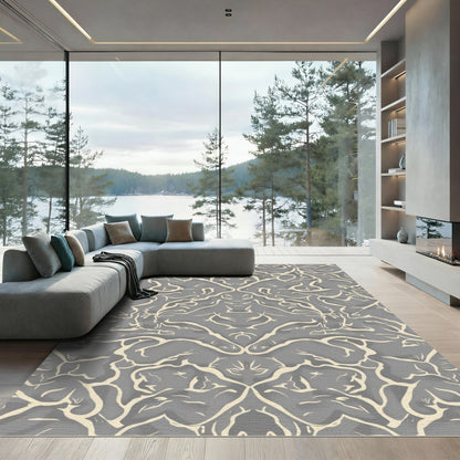 Gray Textured Scrollwork Damask Rug